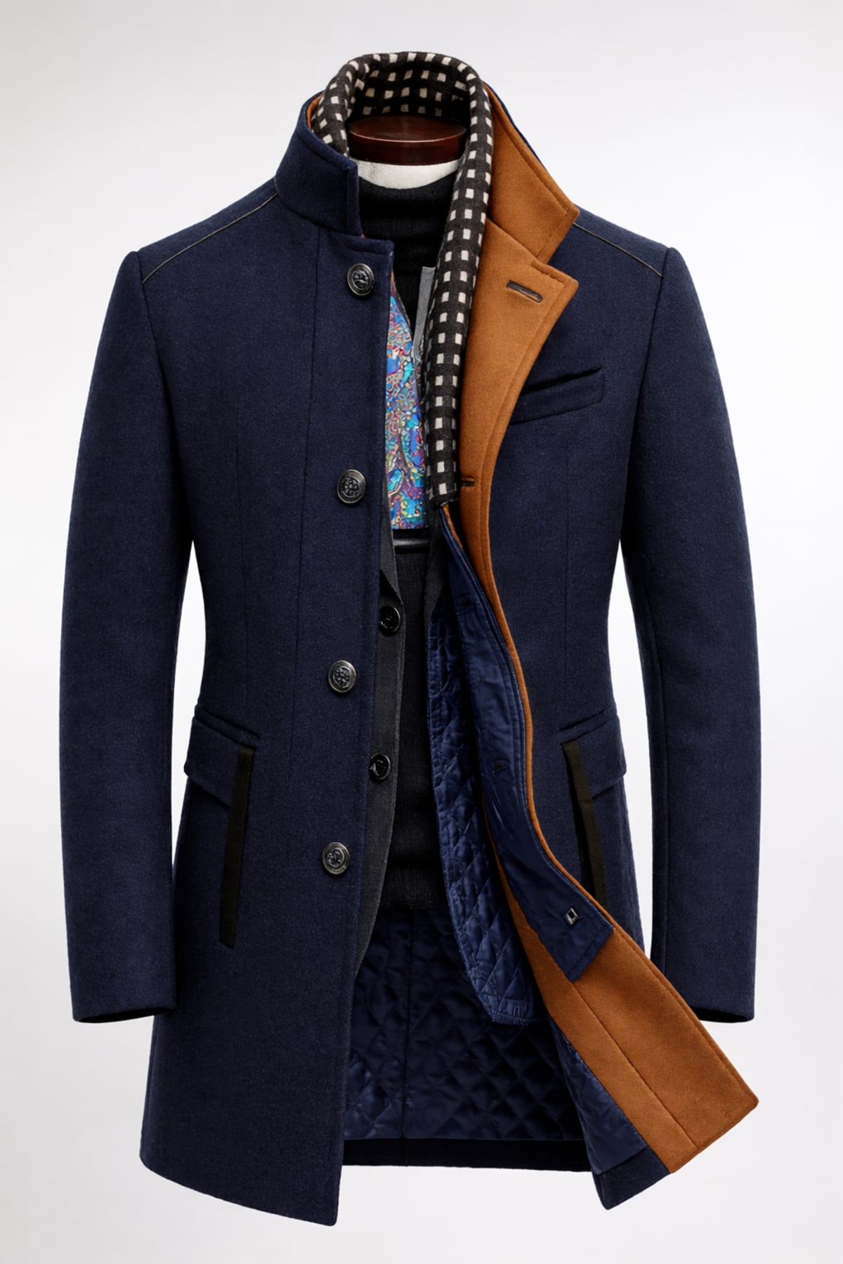 heren nette winterjas met staande kraag in marineblauw