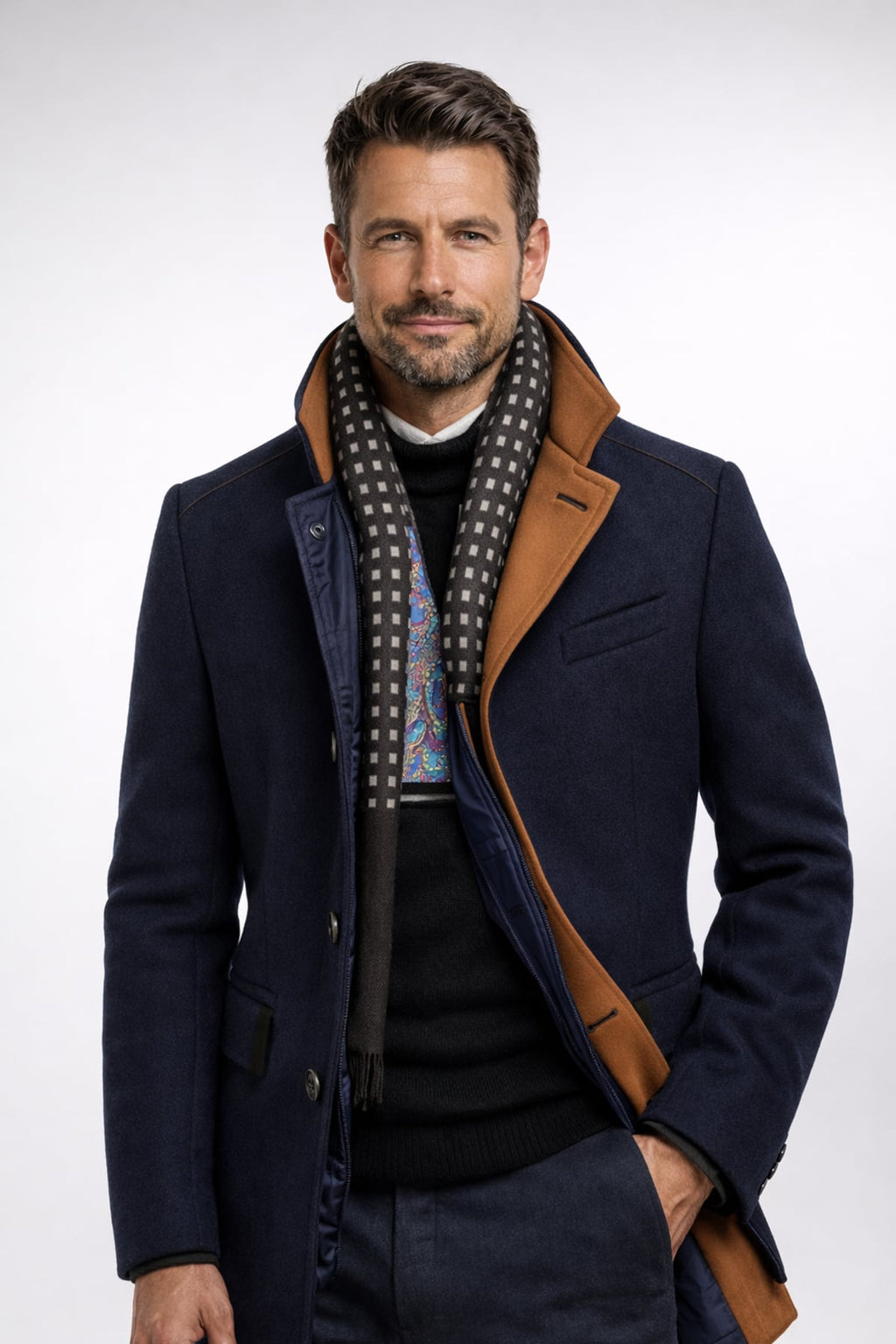 heren nette winterjas met staande kraag in marineblauw