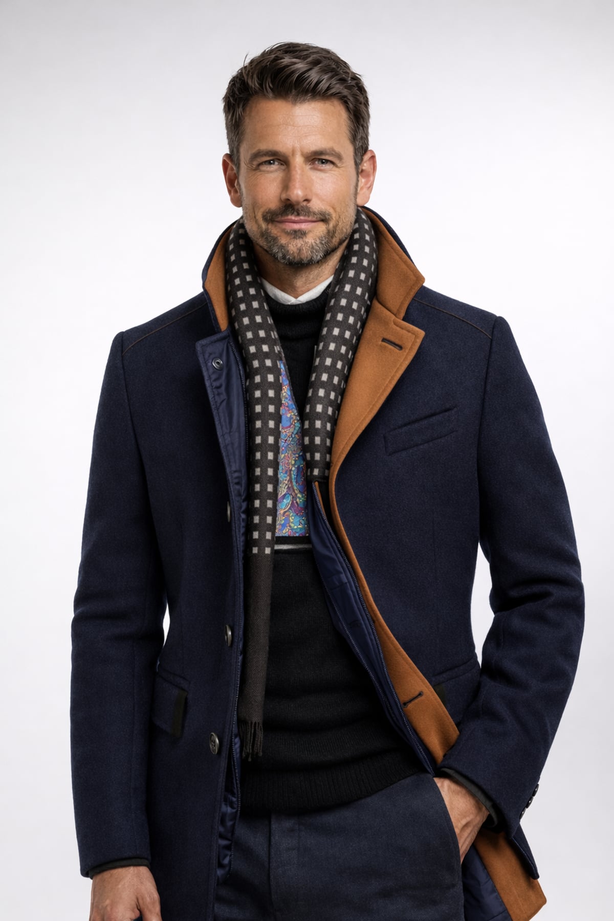 heren nette winterjas met staande kraag in marineblauw