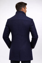 heren nette winterjas met staande kraag in marineblauw