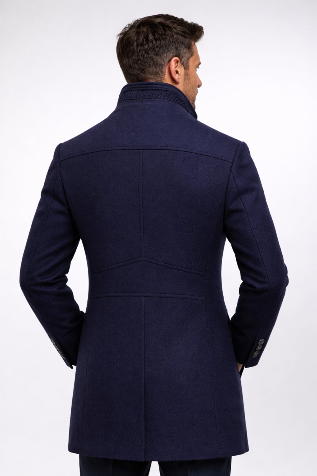 heren nette winterjas met staande kraag in marineblauw