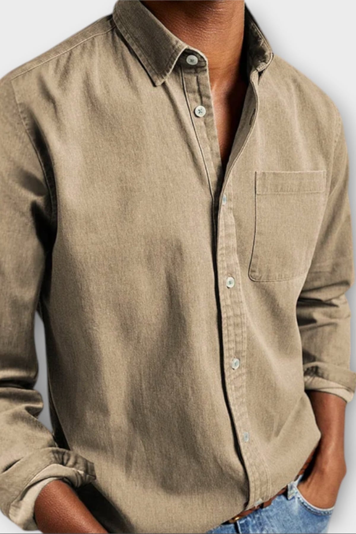 heren overhemd lange mouw met borstzak in beige