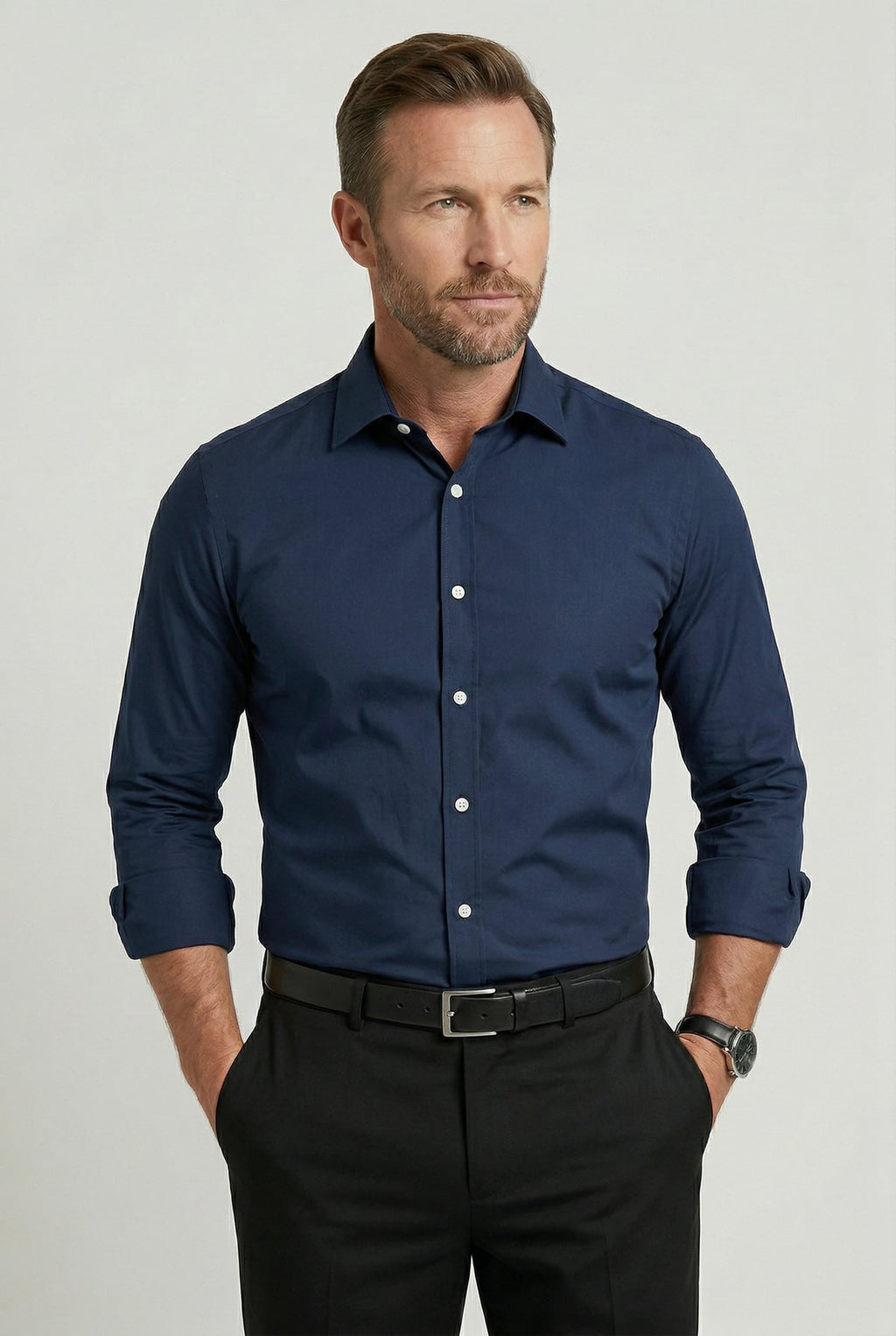 heren overhemd slim fit met knoopsluiting in marine