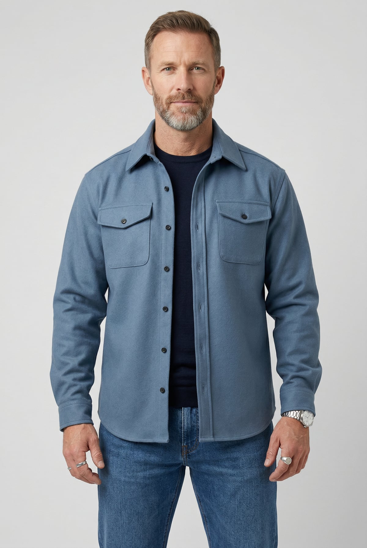 heren overshirt jas met borstzakken in lichtblauw