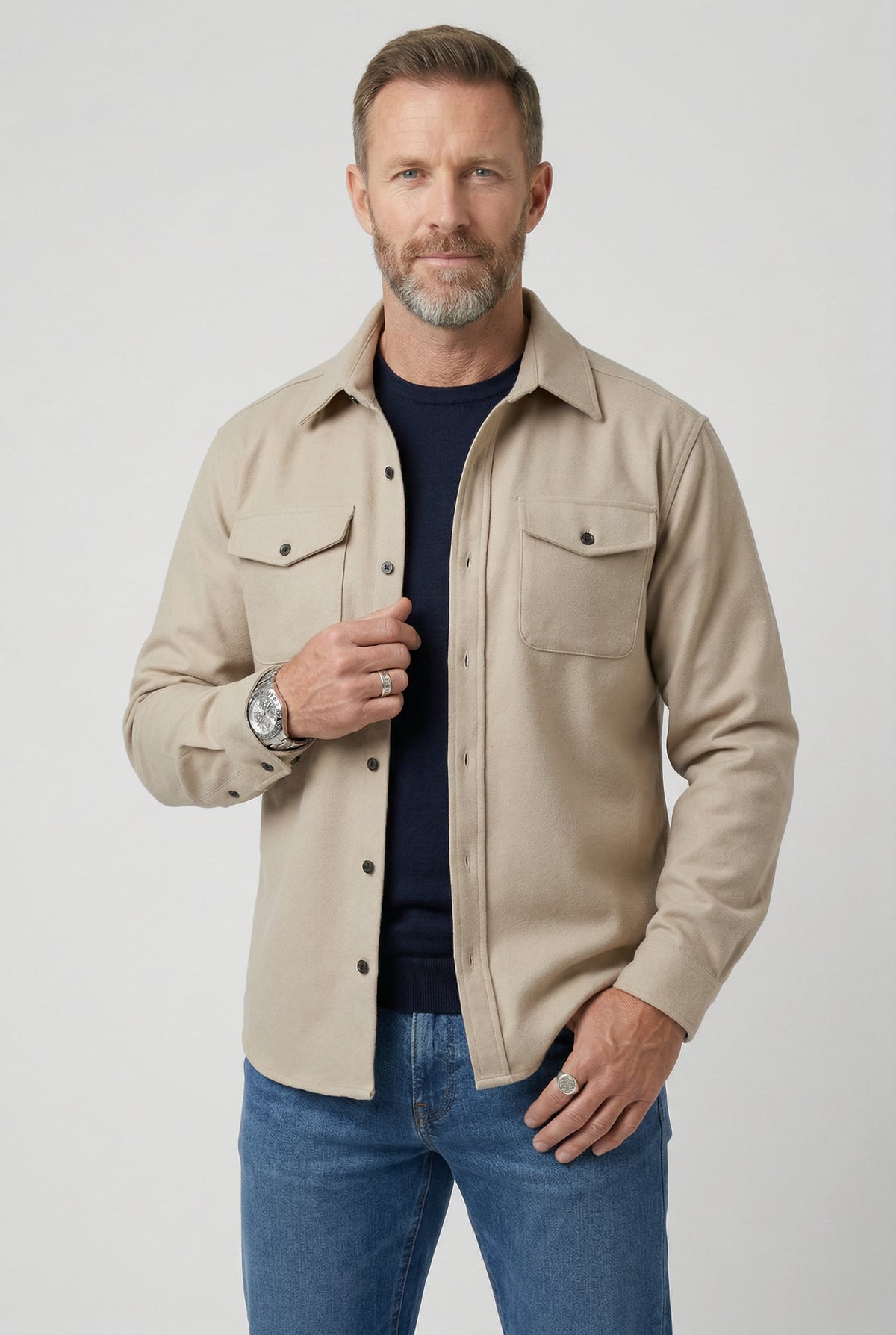 heren overshirt jas met borstzakken in beige