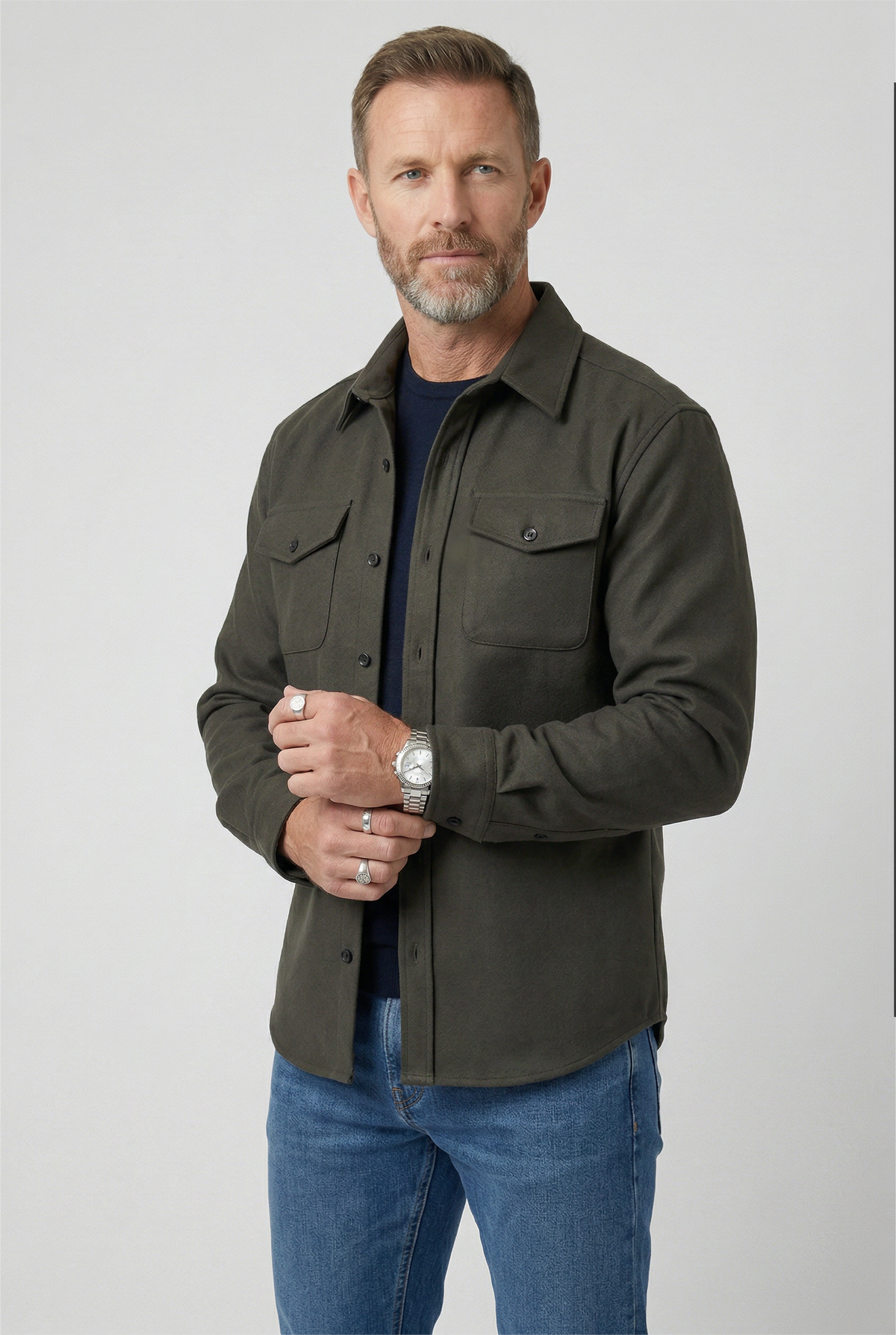 heren overshirt jas met borstzakken in legergroen