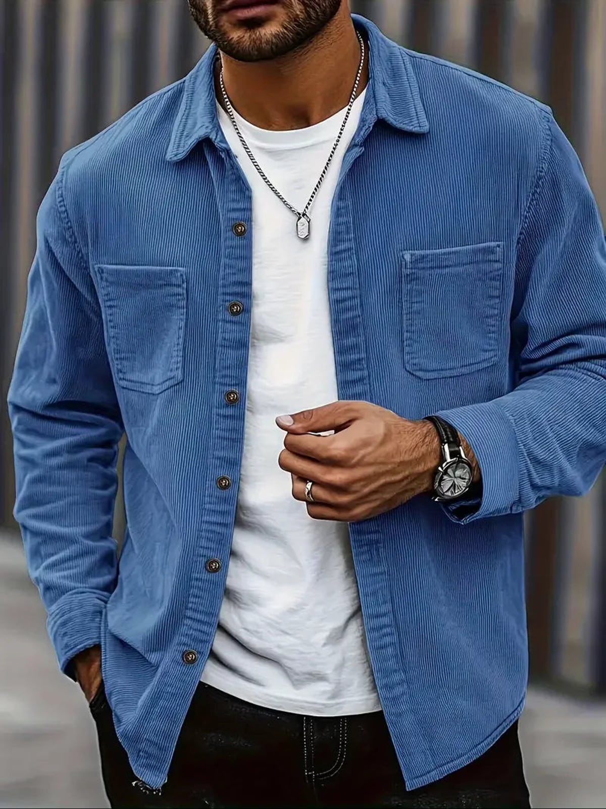 heren overshirt met borstzakken in blauw