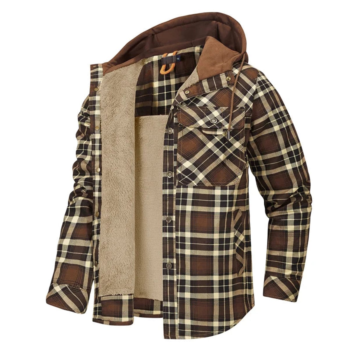 heren overshirt met capuchon en sherpa voering in bruin