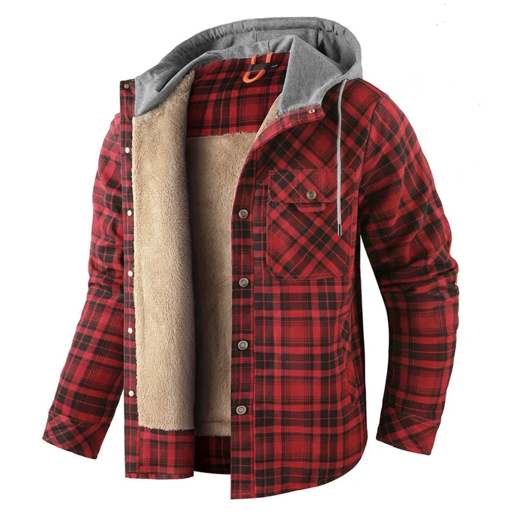 heren overshirt met capuchon en sherpa voering in rood