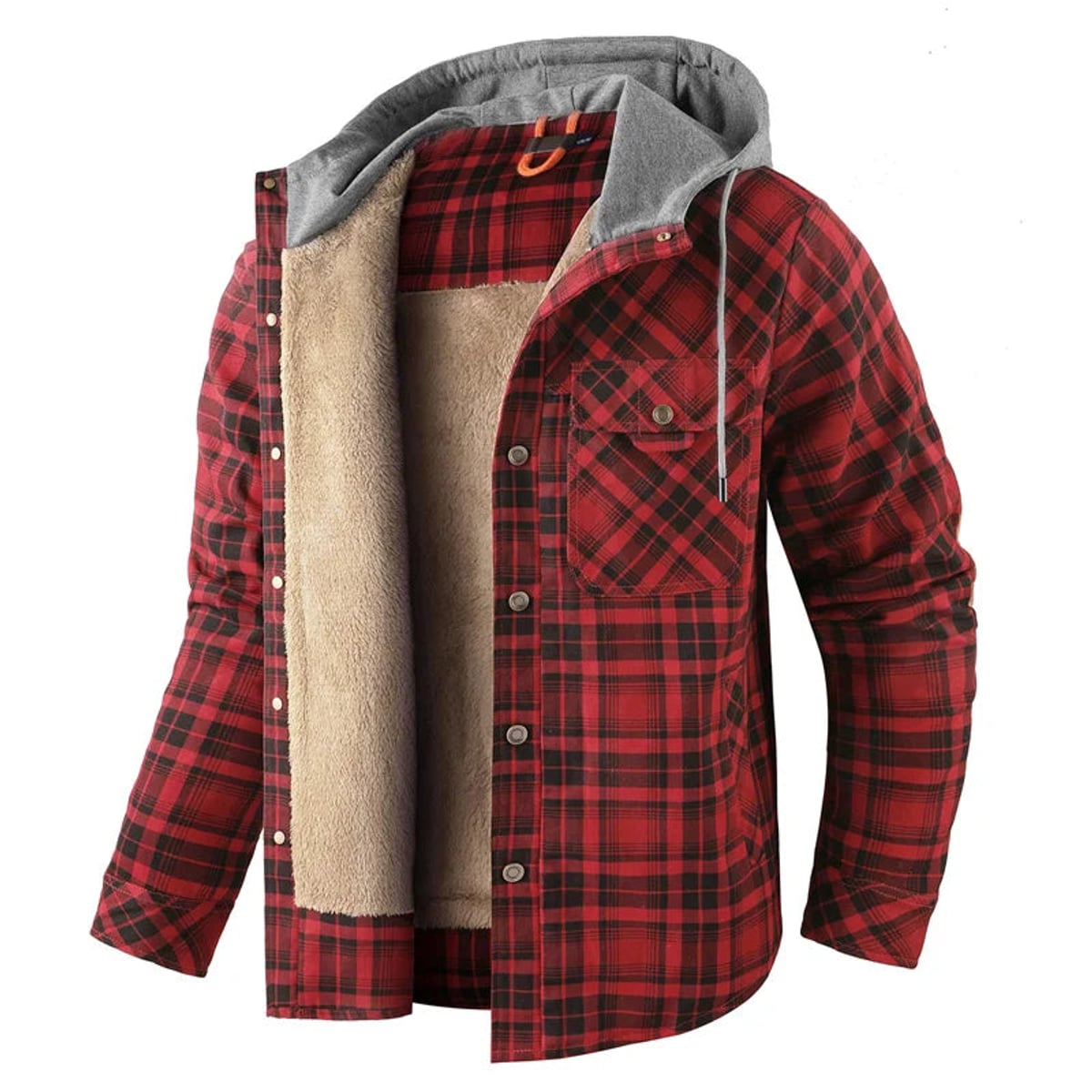 heren overshirt met capuchon en sherpa voering in rood