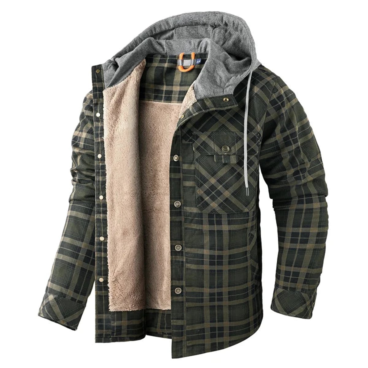 heren overshirt met capuchon en sherpa voering in olijfgroen