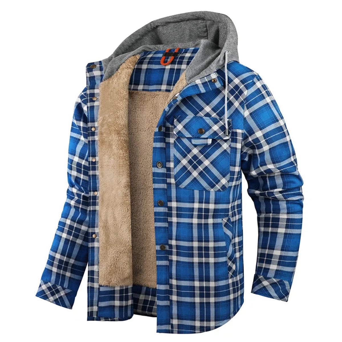 heren overshirt met capuchon en sherpa voering in blauw