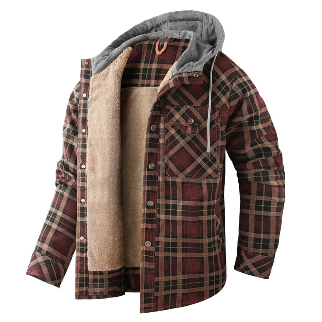 heren overshirt met capuchon en sherpa voering in donkerbruin