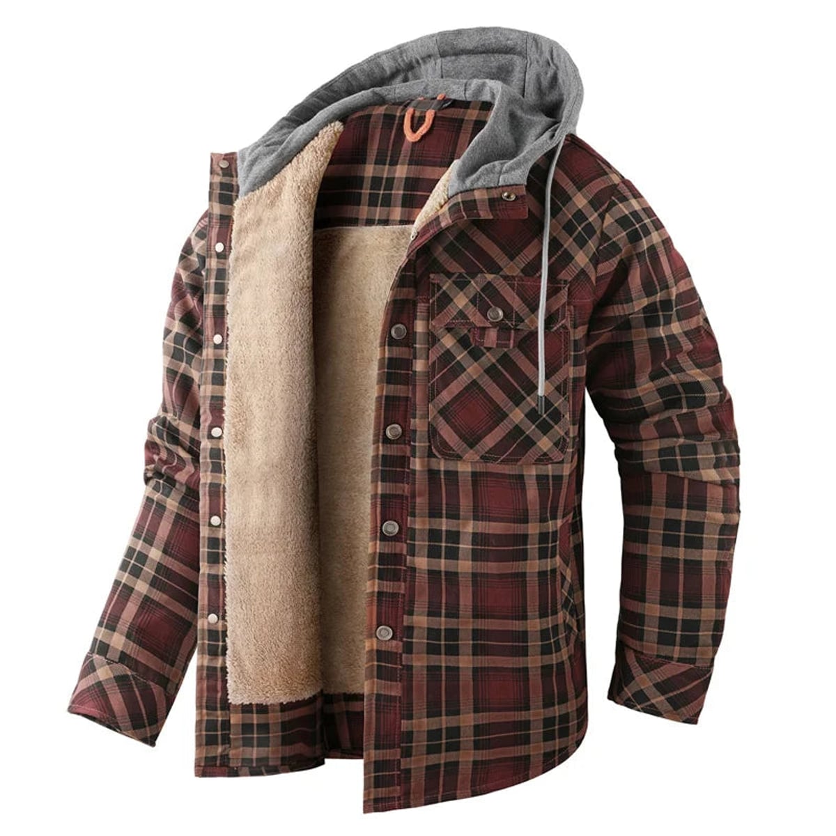 heren overshirt met capuchon en sherpa voering in donkerbruin