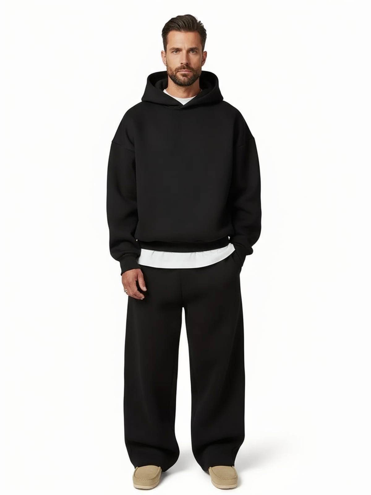 heren oversized hoodie set met wide leg joggingbroek in zwart