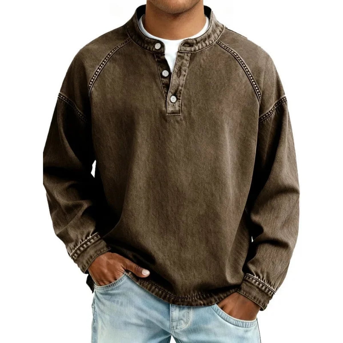 heren oversized overhemd met knoopsluiting in donkerbruin