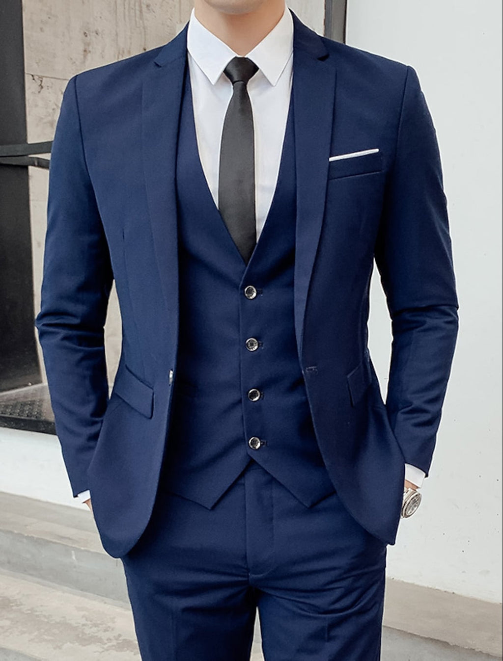 heren pak met gilet slim fit in marineblauw