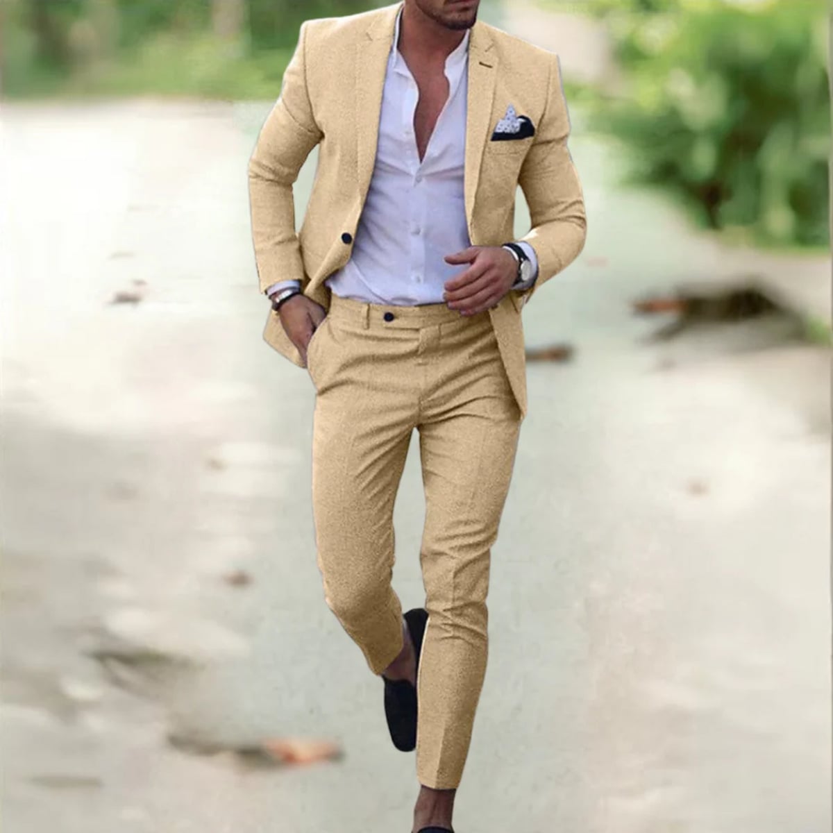 heren pak slim fit met getailleerde snit in beige