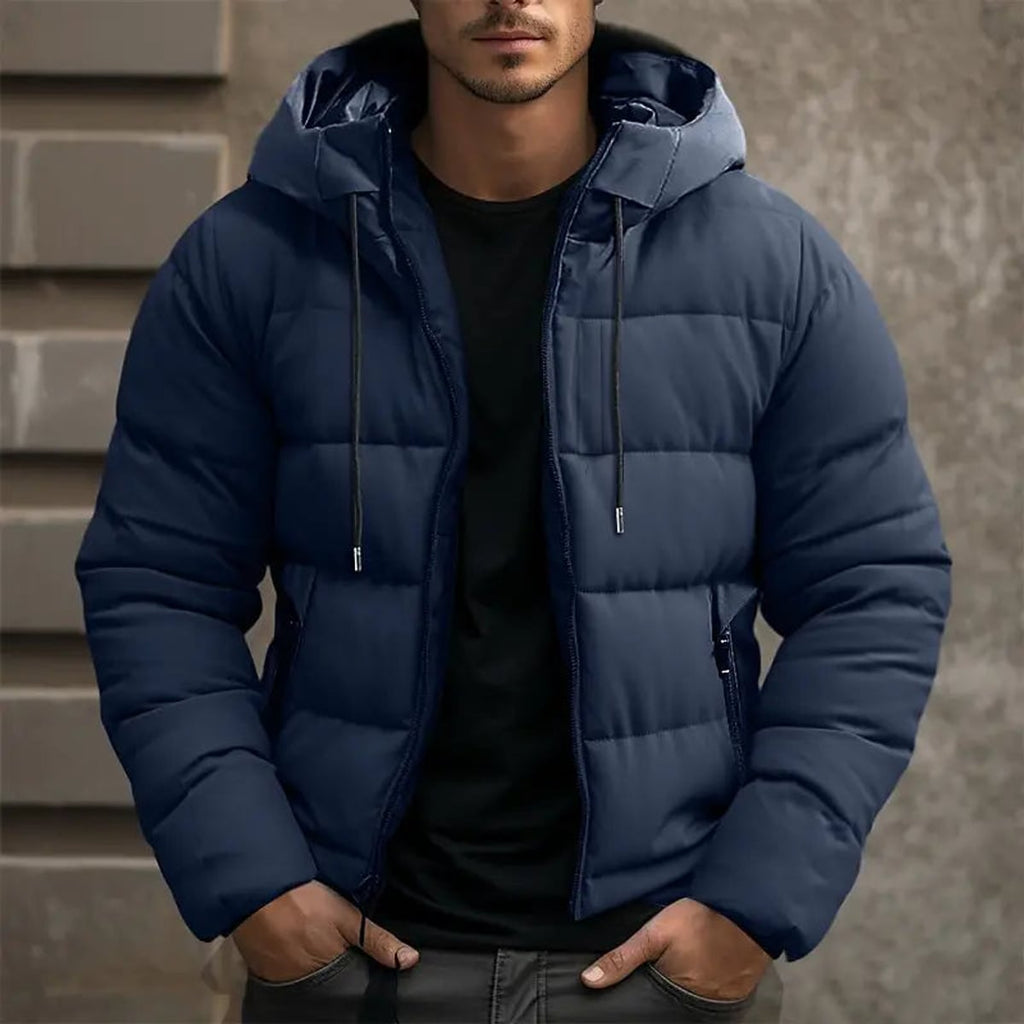heren pufferjas met capuchon in donkerblauw