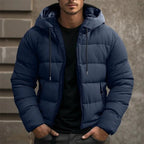heren pufferjas met capuchon in donkerblauw