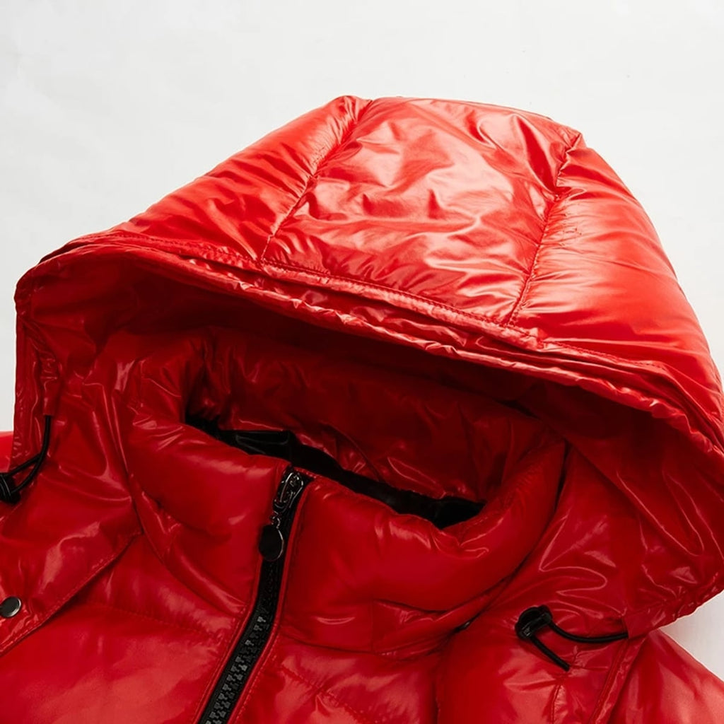heren pufferjas met capuchon glanzend in rood