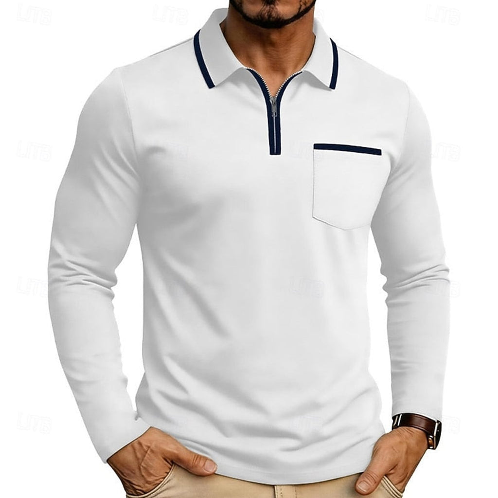 heren quarter-zip polo met lange mouw in wit