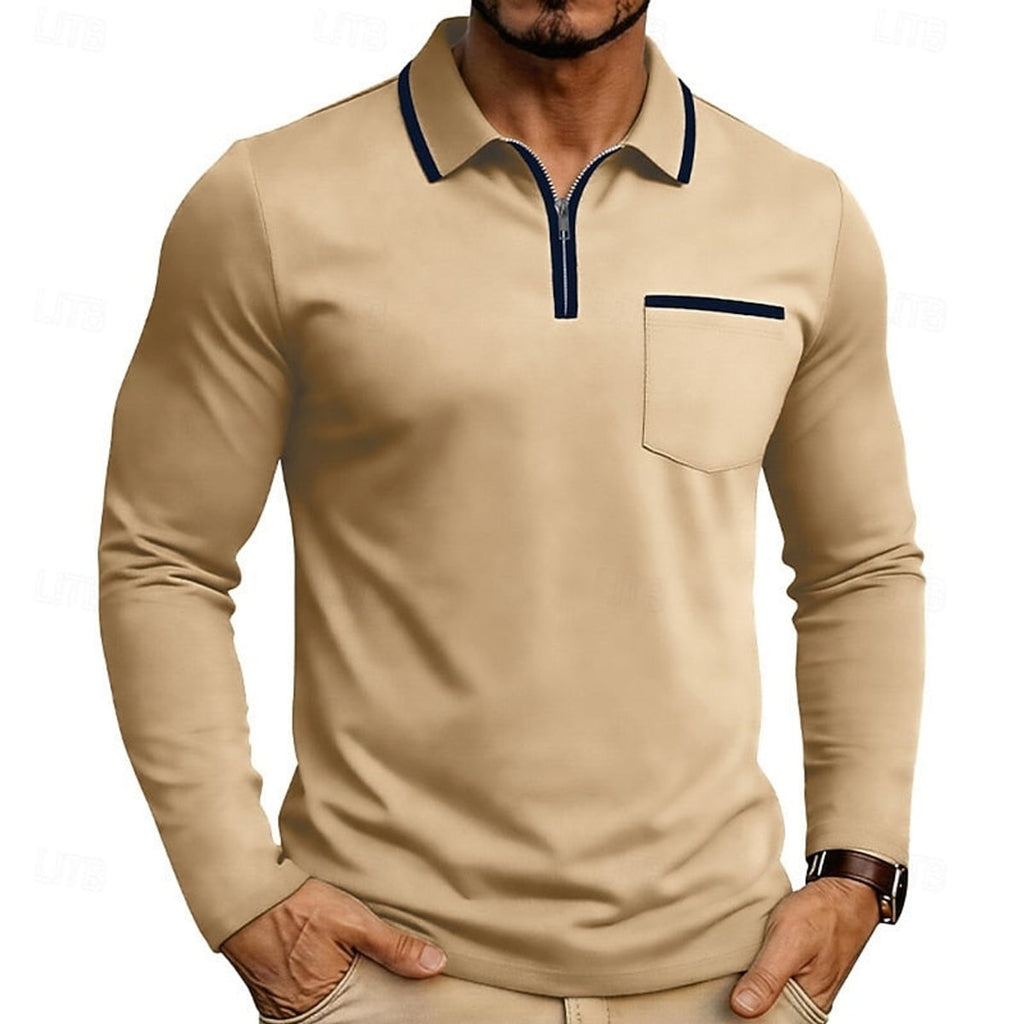 heren quarter-zip polo met lange mouw in abrikoos