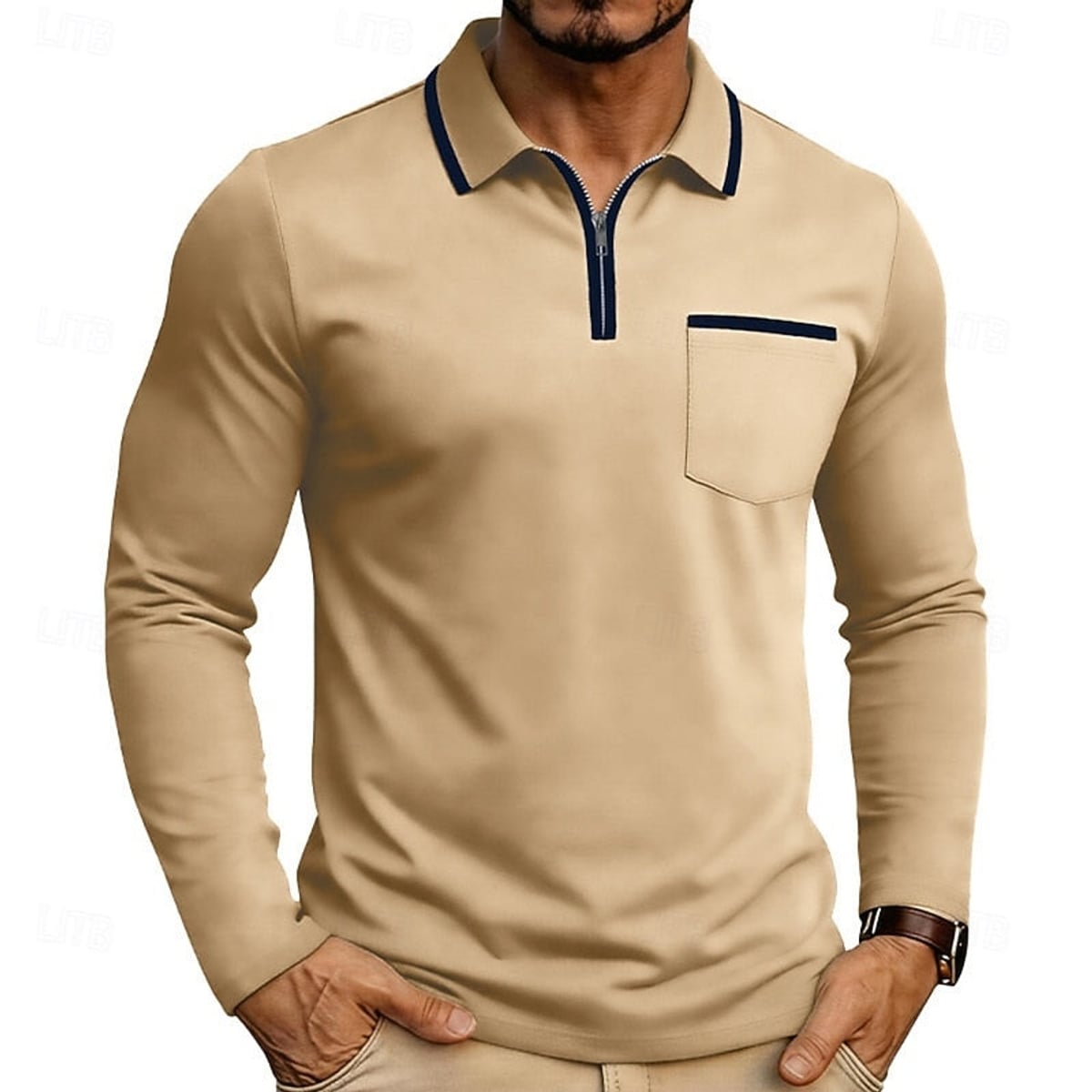 heren quarter-zip polo met lange mouw in abrikoos