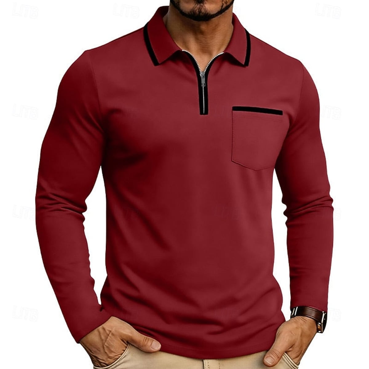 heren quarter-zip polo met lange mouw in rood