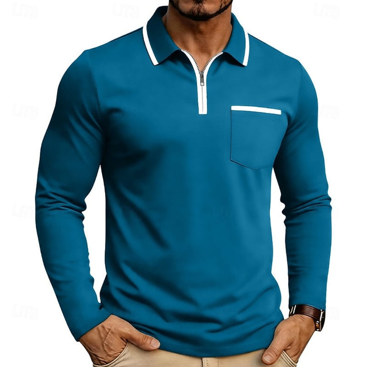 heren quarter-zip polo met lange mouw in lichtblauw