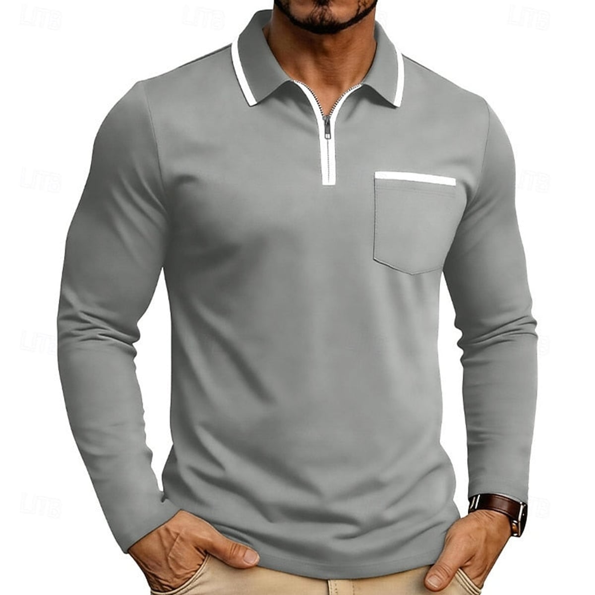 heren quarter-zip polo met lange mouw in grijs