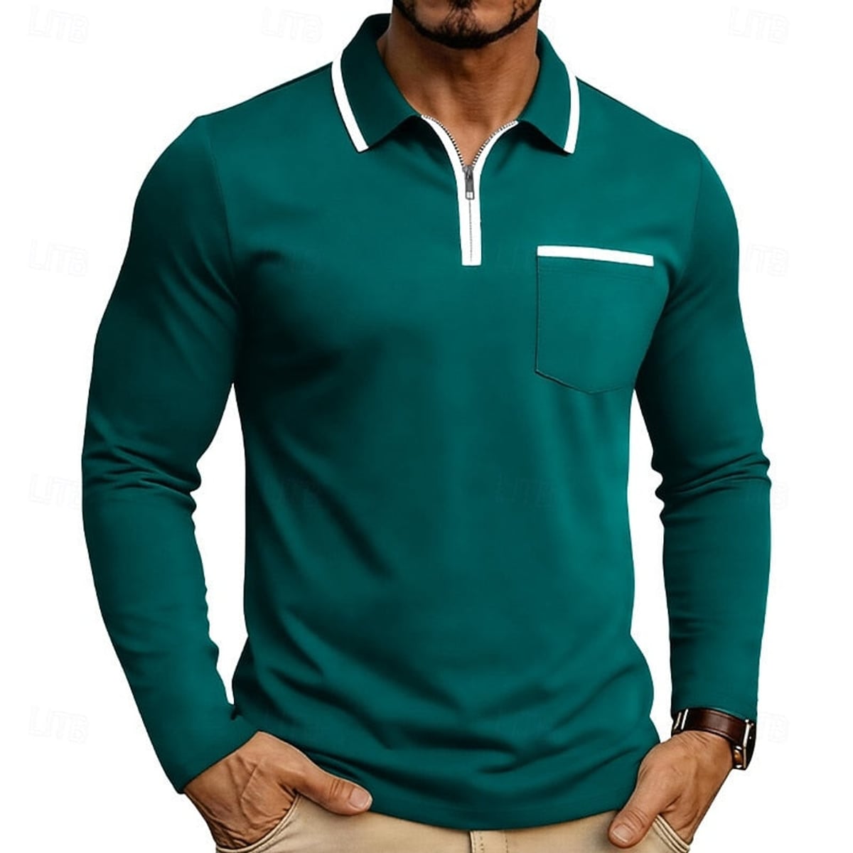 heren quarter-zip polo met lange mouw in pauwblauw