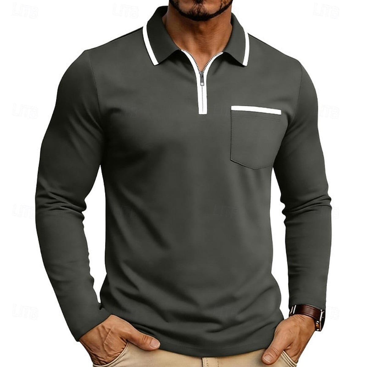 heren quarter-zip polo met lange mouw in donkergrijs