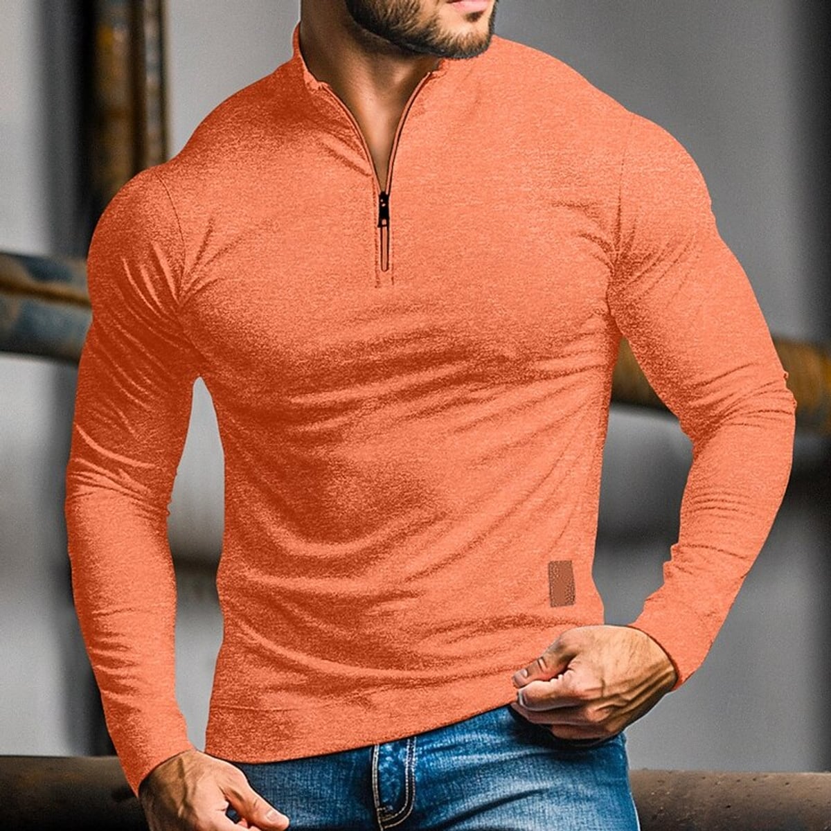 heren quarter-zip polo met lange mouwen in oranje