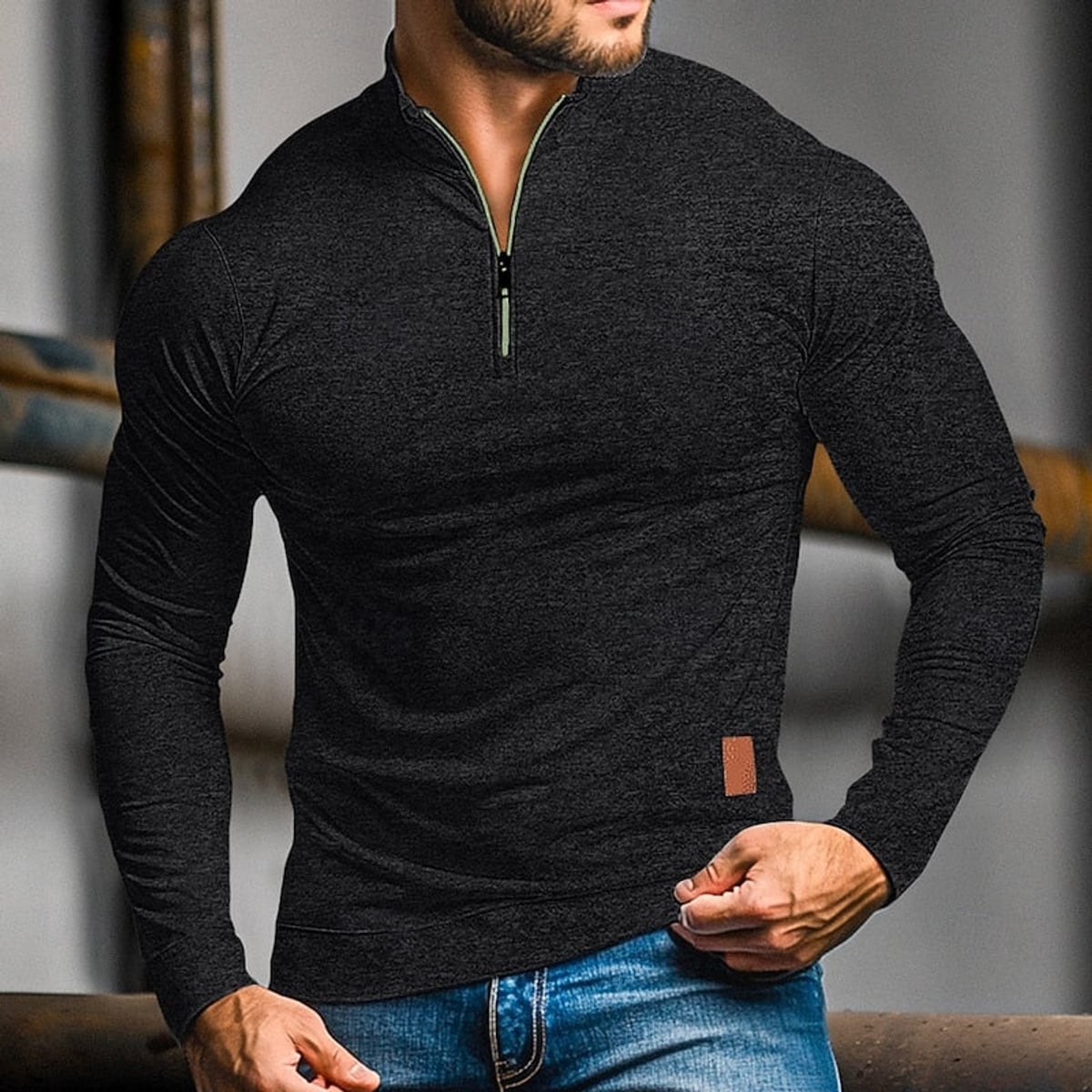 heren quarter-zip polo met lange mouwen in zwart