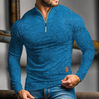 heren quarter-zip polo met lange mouwen in oceaanblauw