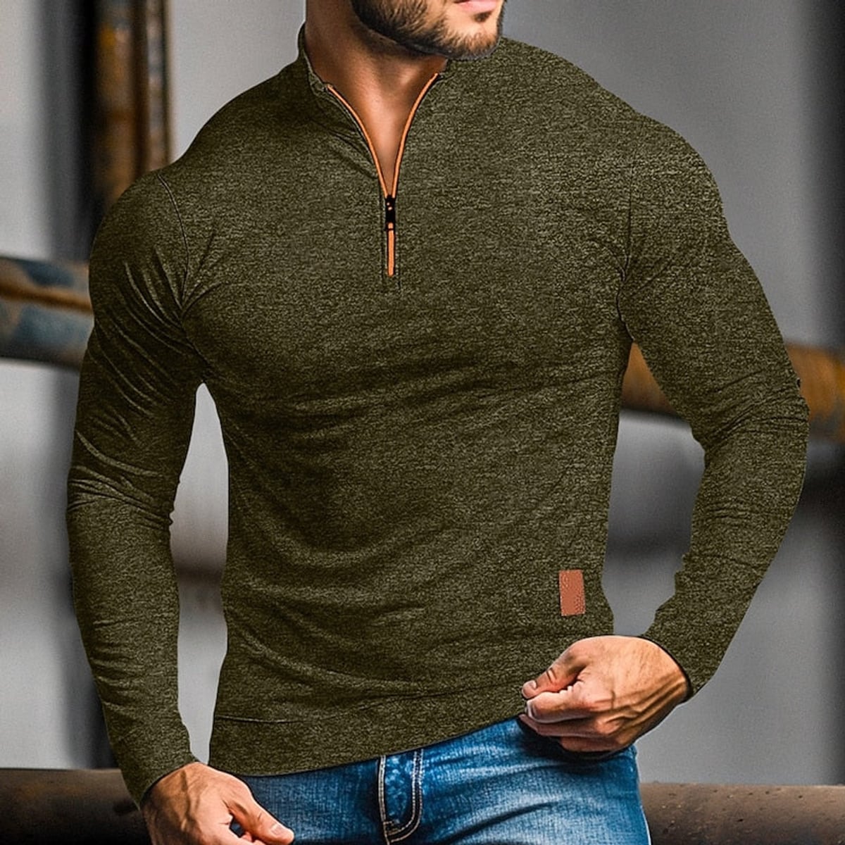 heren quarter-zip polo met lange mouwen in legergroen