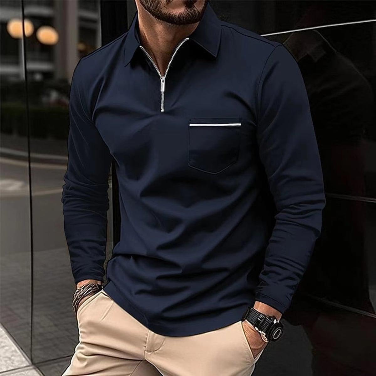 heren quarter-zip polo met rits in donker marine
