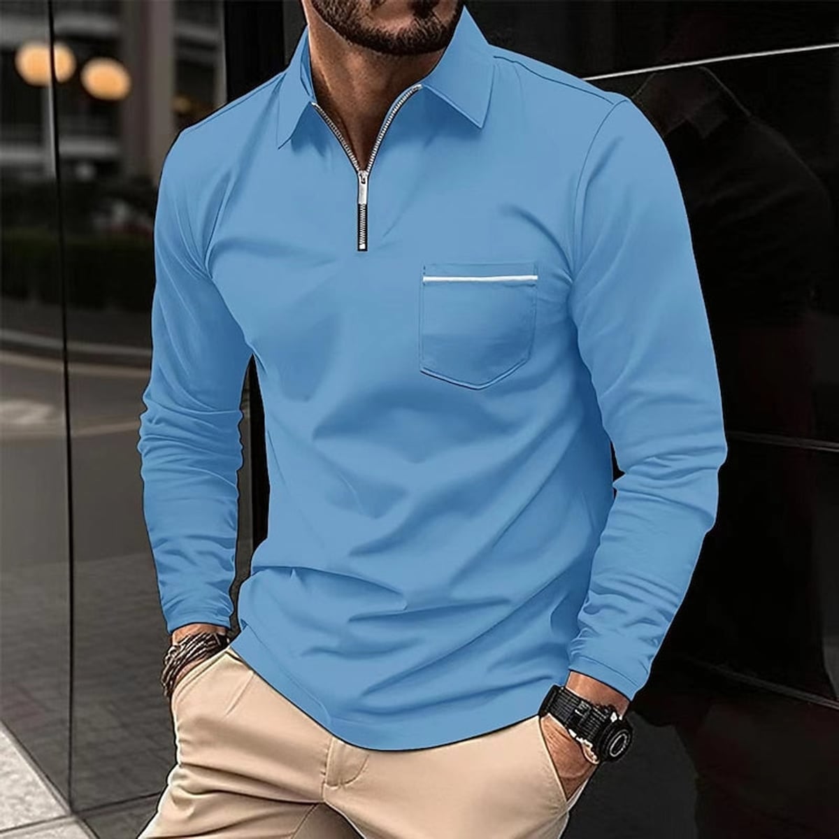 heren quarter-zip polo met rits in hemelsblauw