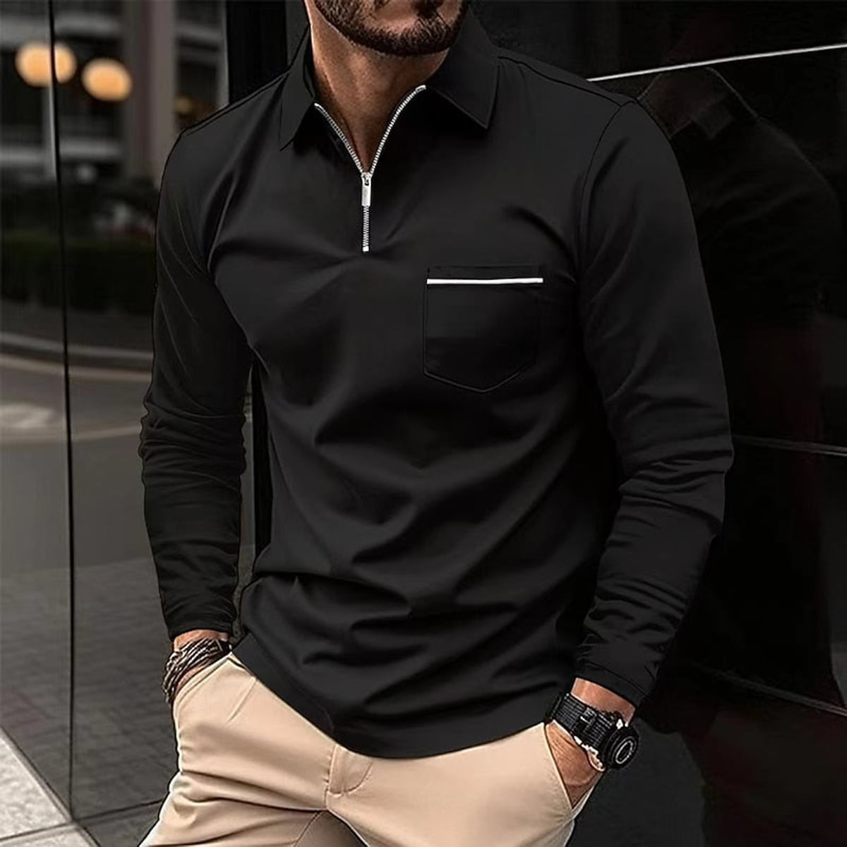 heren quarter-zip polo met rits in zwart