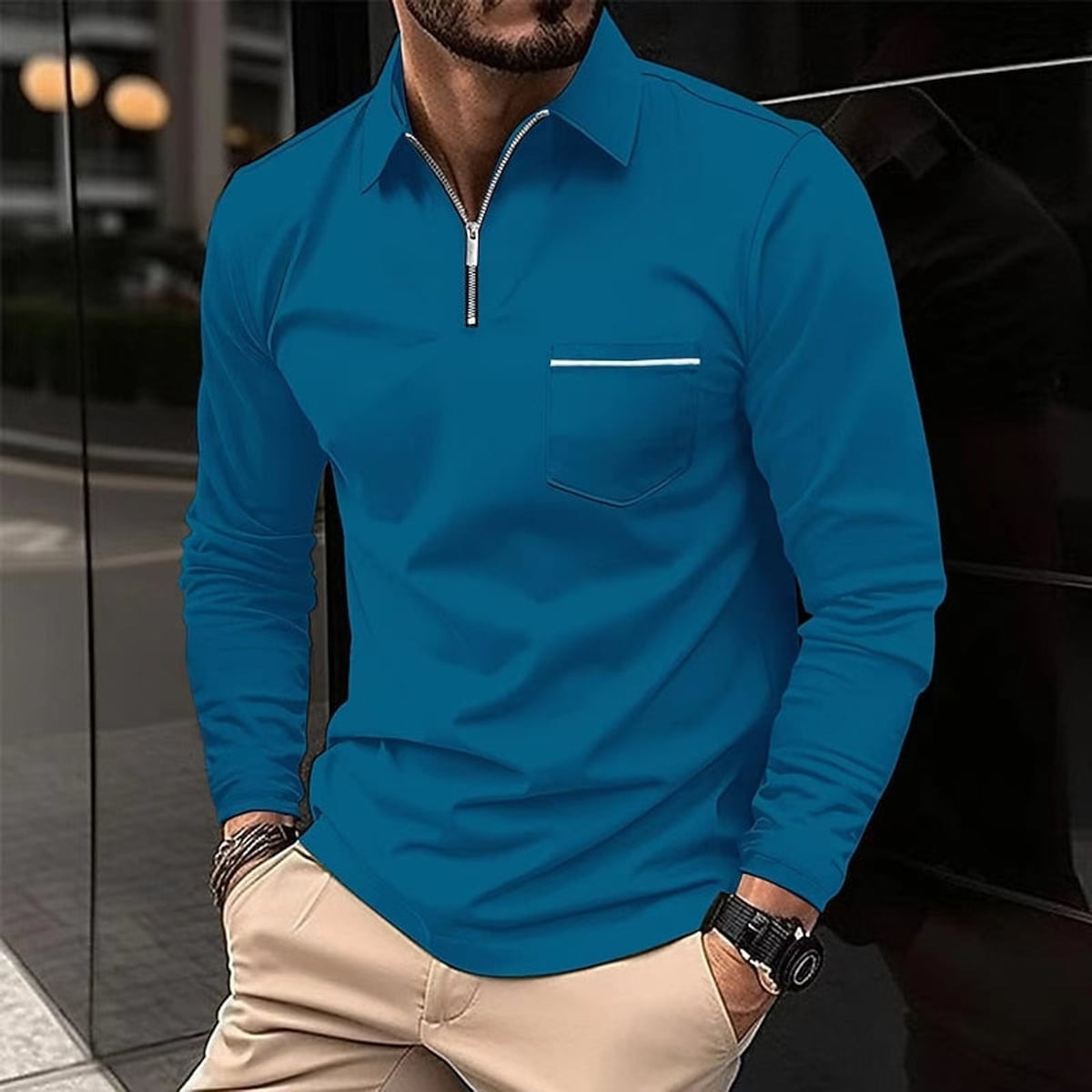 heren quarter-zip polo met rits in blauw