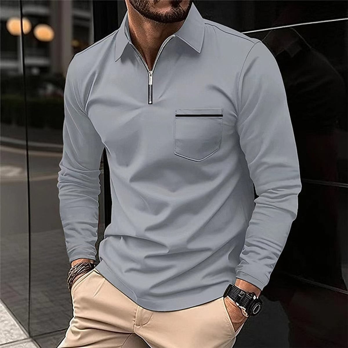 heren quarter-zip polo met rits in grijs