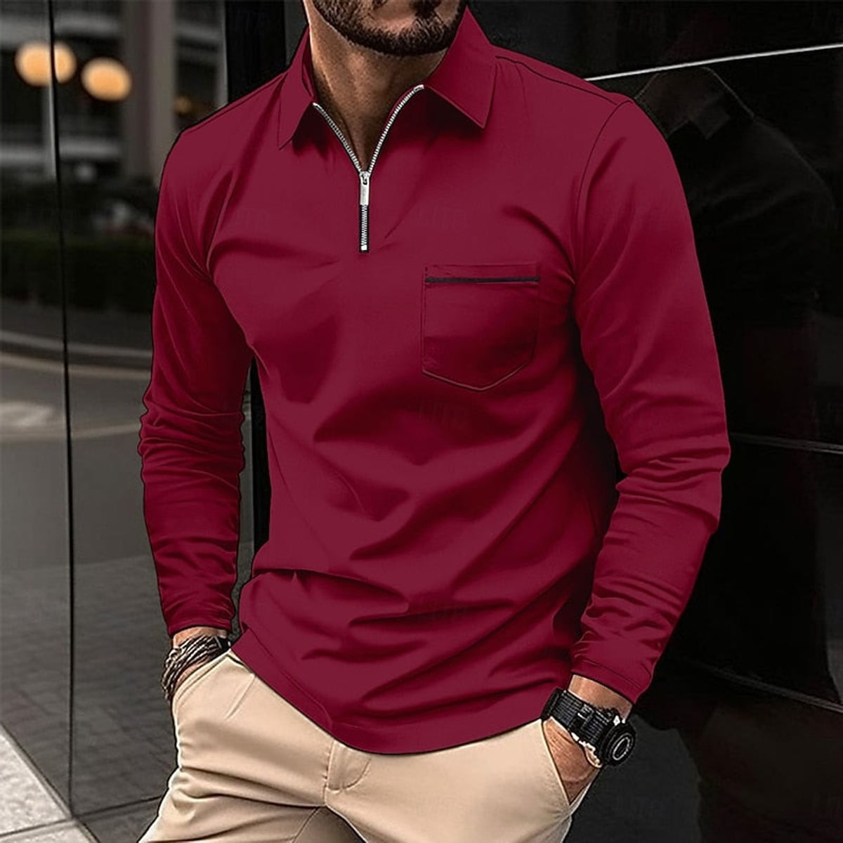 heren quarter-zip polo met rits in wijnrood