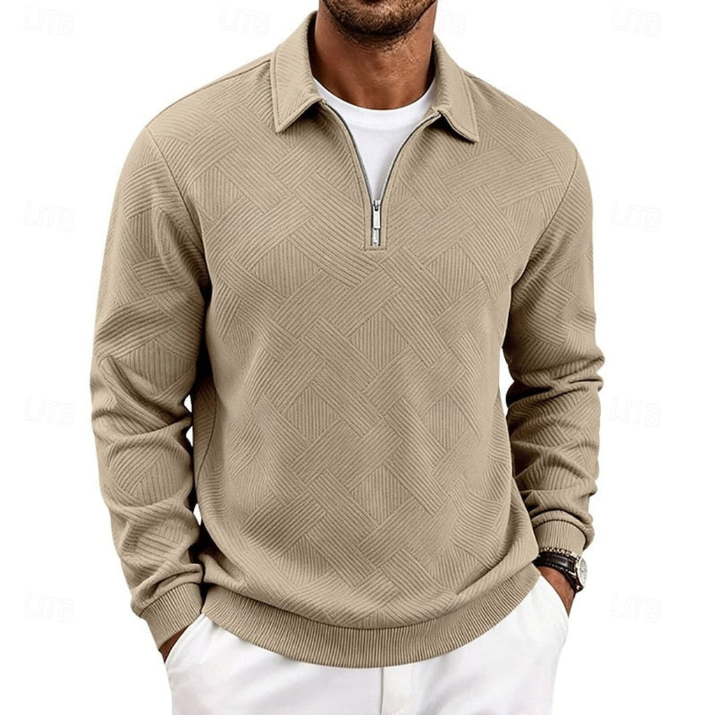 heren quarter-zip pullover met getextureerde afwerking en slanke pasvorm in khaki