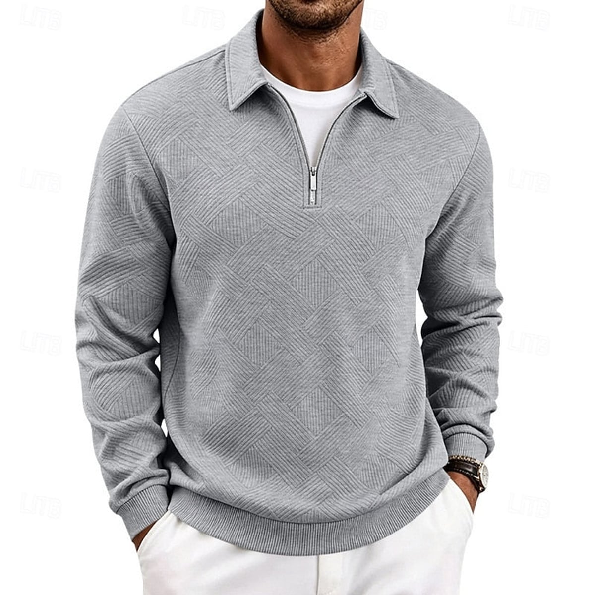 heren quarter-zip pullover met getextureerde afwerking en slanke pasvorm in lichtgrijs