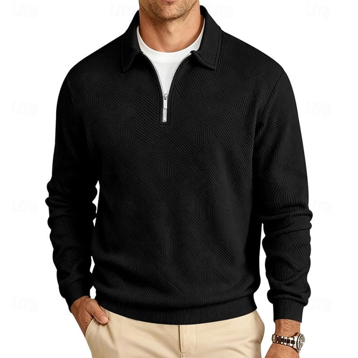 heren quarter-zip pullover met getextureerde afwerking en slanke pasvorm in zwart