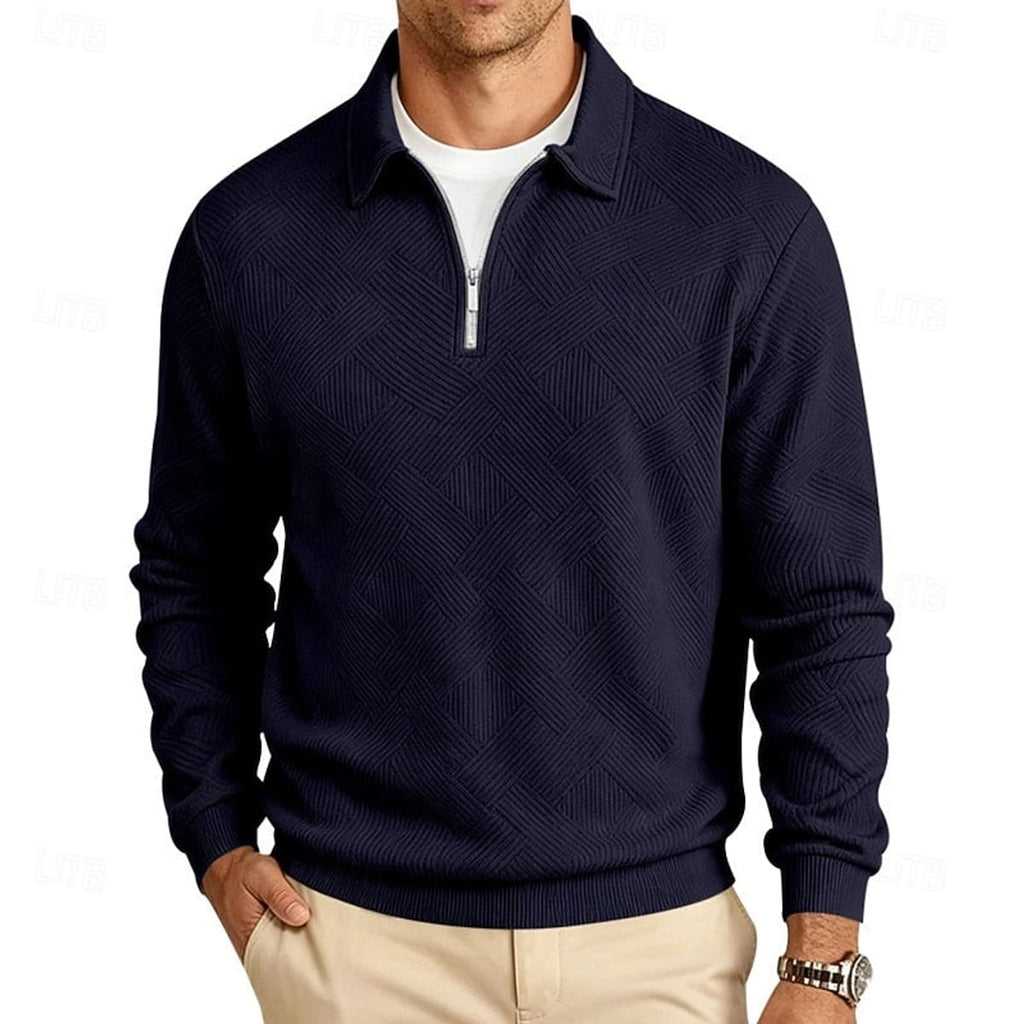 heren quarter-zip pullover met getextureerde afwerking en slanke pasvorm in marineblauw