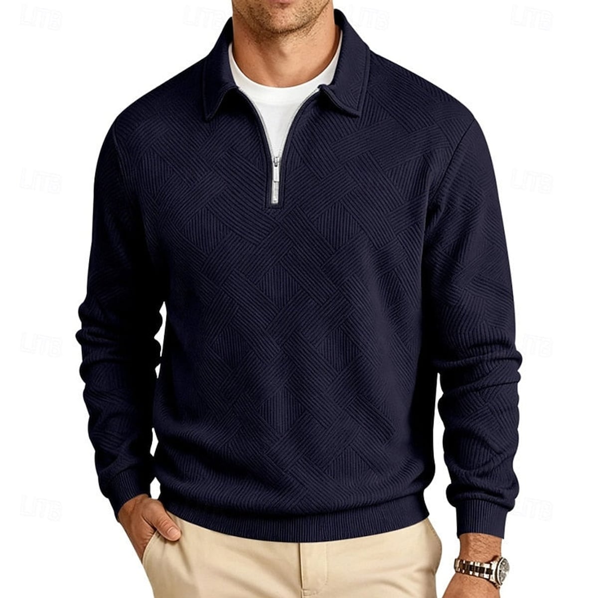 heren quarter-zip pullover met getextureerde afwerking en slanke pasvorm in marineblauw