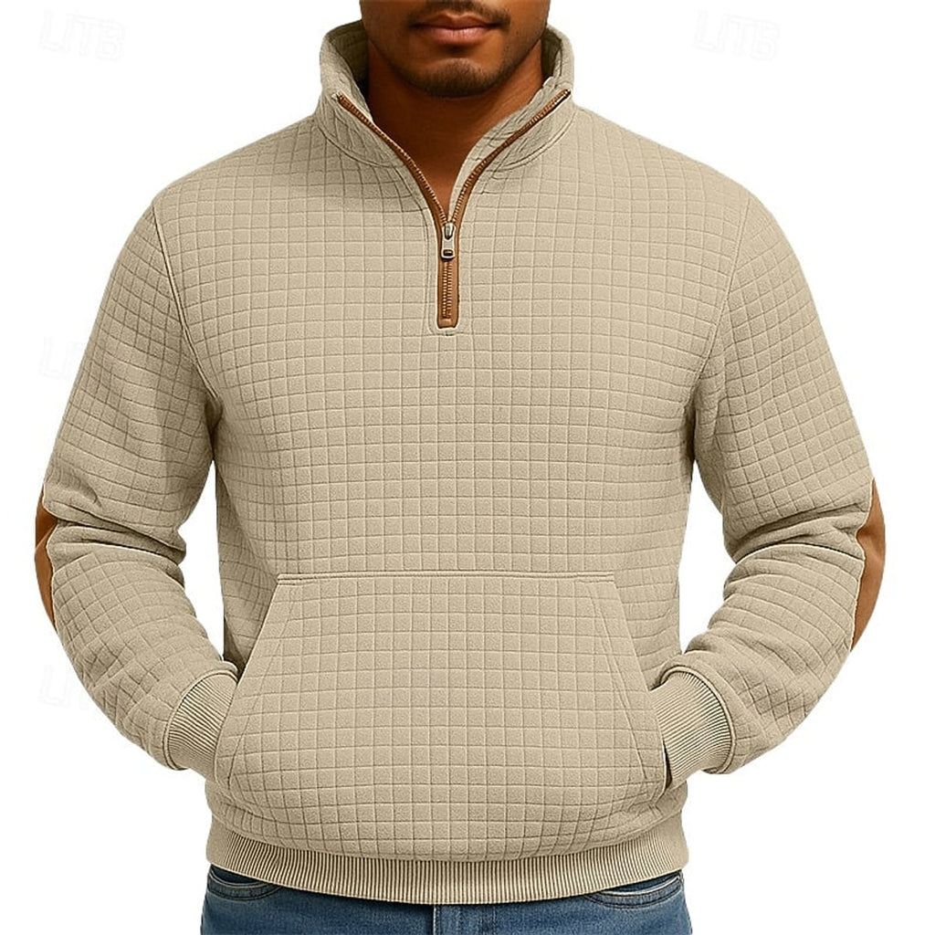 heren quarter-zip pullover met kangoeroe zak en staande kraag in khaki