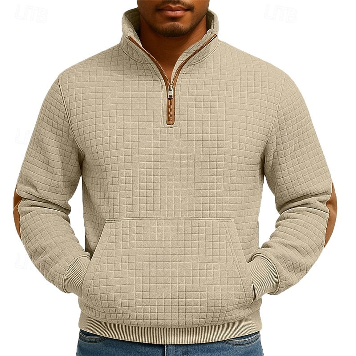 heren quarter-zip pullover met kangoeroe zak en staande kraag in khaki